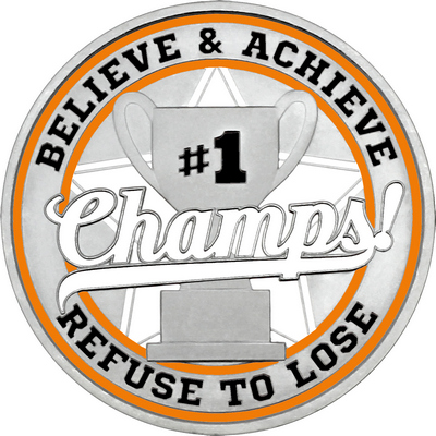 White "Champs!" with Orange Outer Circular Borders